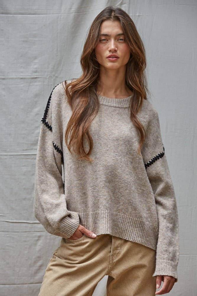 Knit Sweater Stitch Detailed Crew Neck Pullover : Mocha