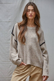 Knit Sweater Stitch Detailed Crew Neck Pullover : Mocha
