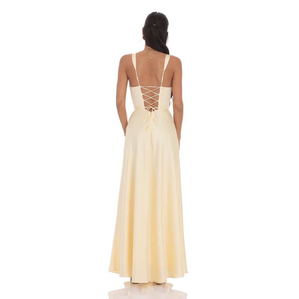 Satin Plunge Neck Corset Maxi Dress in Yellow Giana Rose Couture Satin Plunge Neck Corset Maxi Dress in Yellow Giana Rose Couture