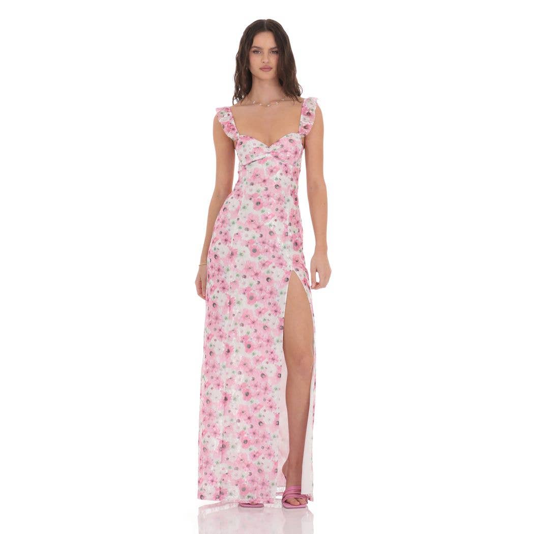 Lace Floral Ruffle Sleeve Maxi Dress in White/Pink