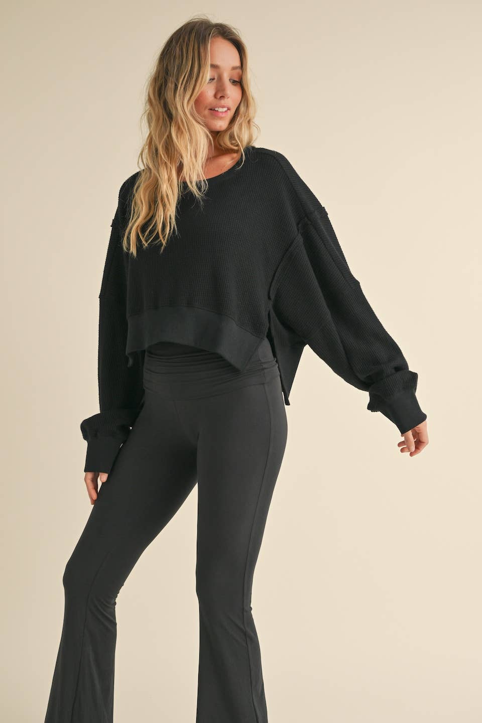 Waffle Knit Oversized Long Sleeve Top: Dark Chocolate