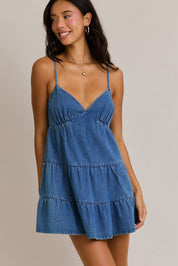 SPAGHETTI STRAP TIERED DENIM DRESS: DENIM