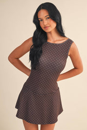 Polka Dot Print A-Line Mini Dress with Drop Waist: Brown Polka Dot