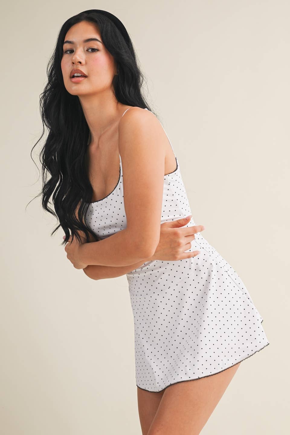 Polka Dot Print Lace Trim Ruffle Mini Dress: White Polka Dot