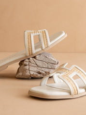The Ena | White H Cutout Raffia Slide: WHITE