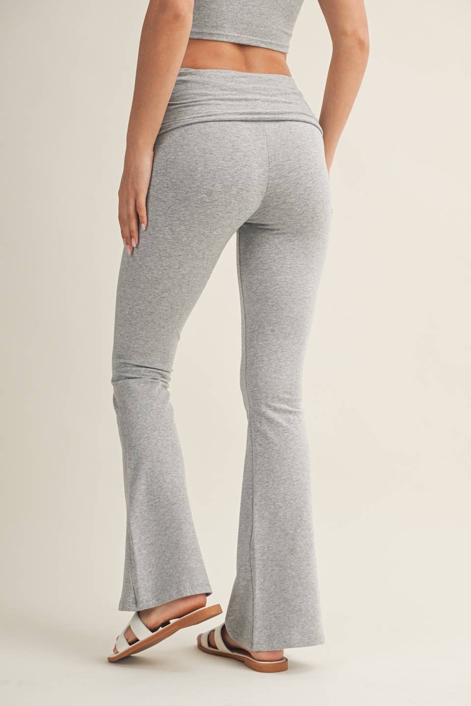 Soft Heathered Knit Foldover Flare Pants: Heather Grey