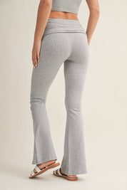 Soft Heathered Knit Foldover Flare Pants: Heather Grey