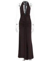 Ruched Plunge Halter Maxi Dress with Side Ruched Details: Brown