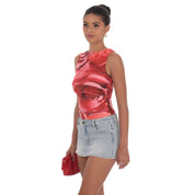 Mesh Rose High Neck Top in Red