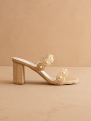 The Helena | Natural Raffia Block Heel Sandal with Pearls: NATURAL