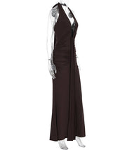 Ruched Plunge Halter Maxi Dress with Side Ruched Details: Brown