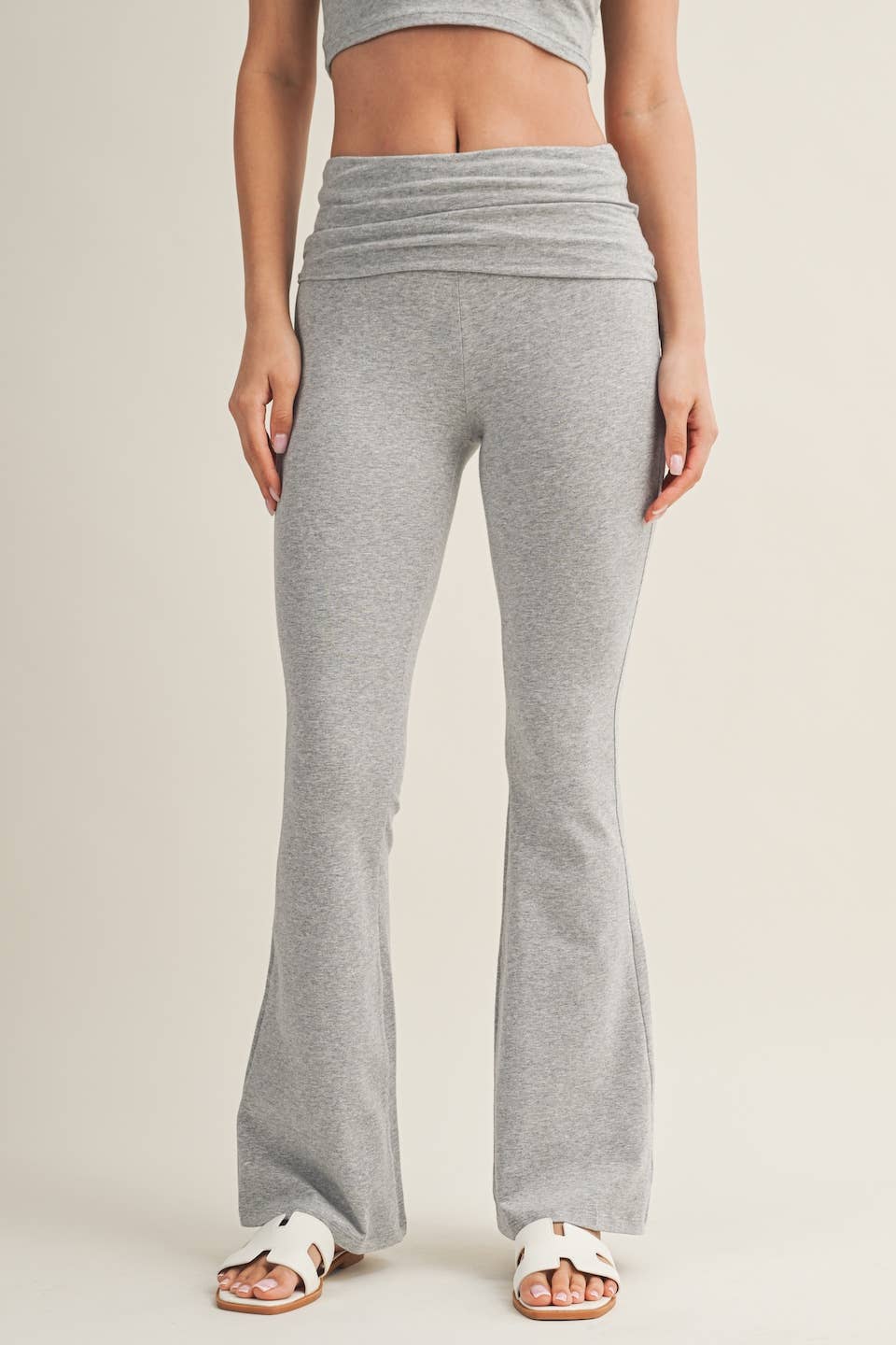 Soft Heathered Knit Foldover Flare Pants: Heather Grey