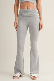 Soft Heathered Knit Foldover Flare Pants: Heather Grey