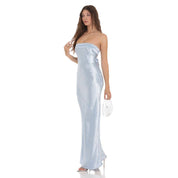 Strapless Satin Open Back Maxi Dress in Light Blue