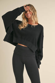 Waffle Knit Oversized Long Sleeve Top: Dark Chocolate