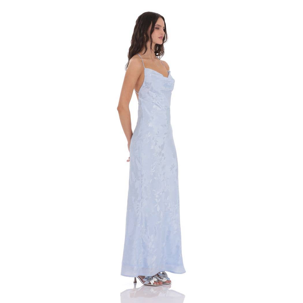 Floral Jacqaurd Cowl Neck Maxi Dress in Light Blue