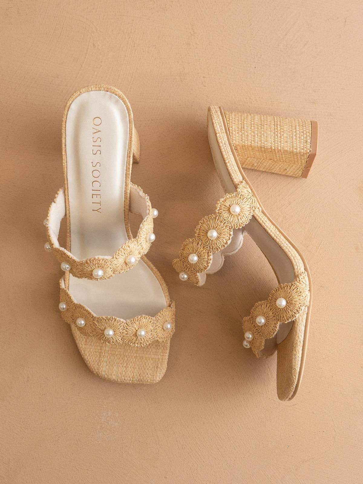 The Helena | Natural Raffia Block Heel Sandal with Pearls: NATURAL