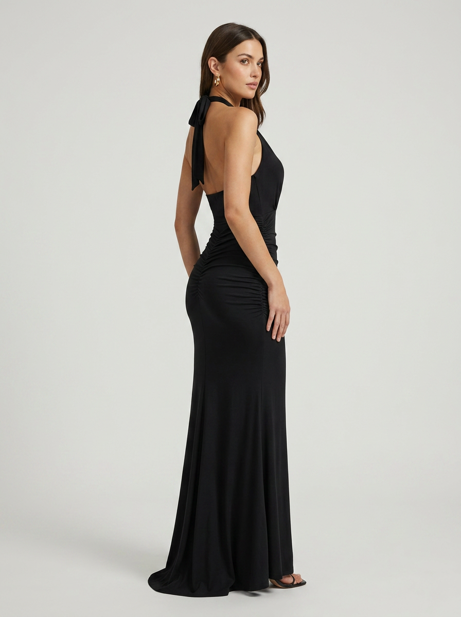Ruched Plunge Halter Maxi Dress with Side Ruched Details: Brown