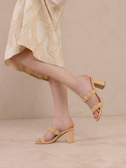 The Helena | Natural Raffia Block Heel Sandal with Pearls: NATURAL