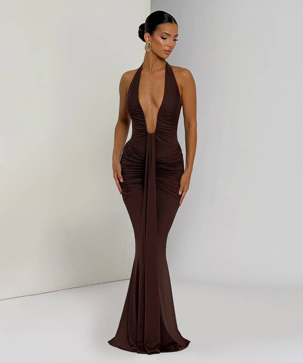 Ruched Plunge Halter Maxi Dress with Side Ruched Details: Brown
