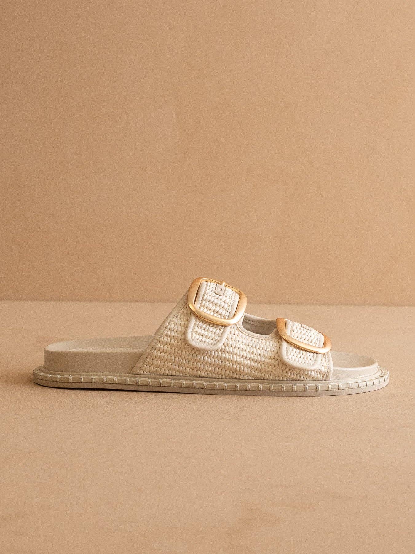 The Daytona | Ivory Two-Tone Raffia Gold Buckle Sandal