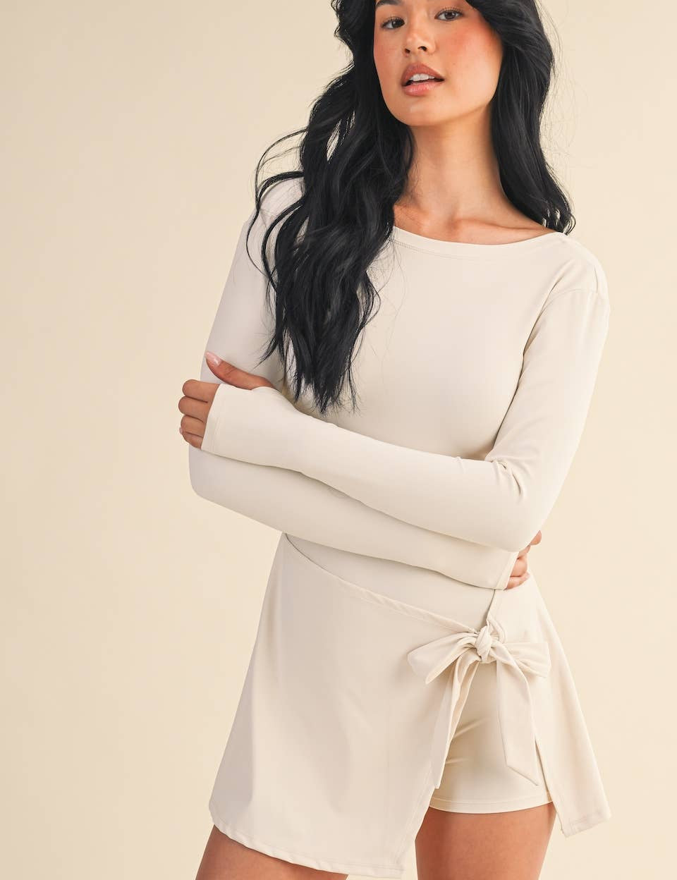 Long Sleeve Wrap Tie Front Dress: Cream M Long Sleeve Wrap Tie Front Dress: Cream M