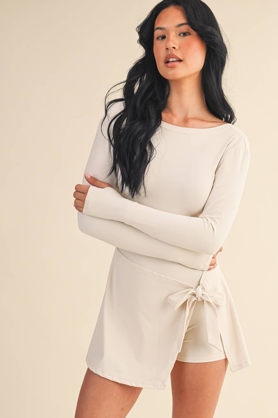 Long Sleeve Wrap Tie Front Dress: Cream