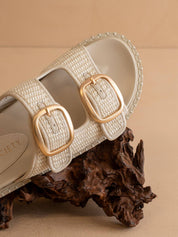 The Daytona | Ivory Two-Tone Raffia Gold Buckle Sandal