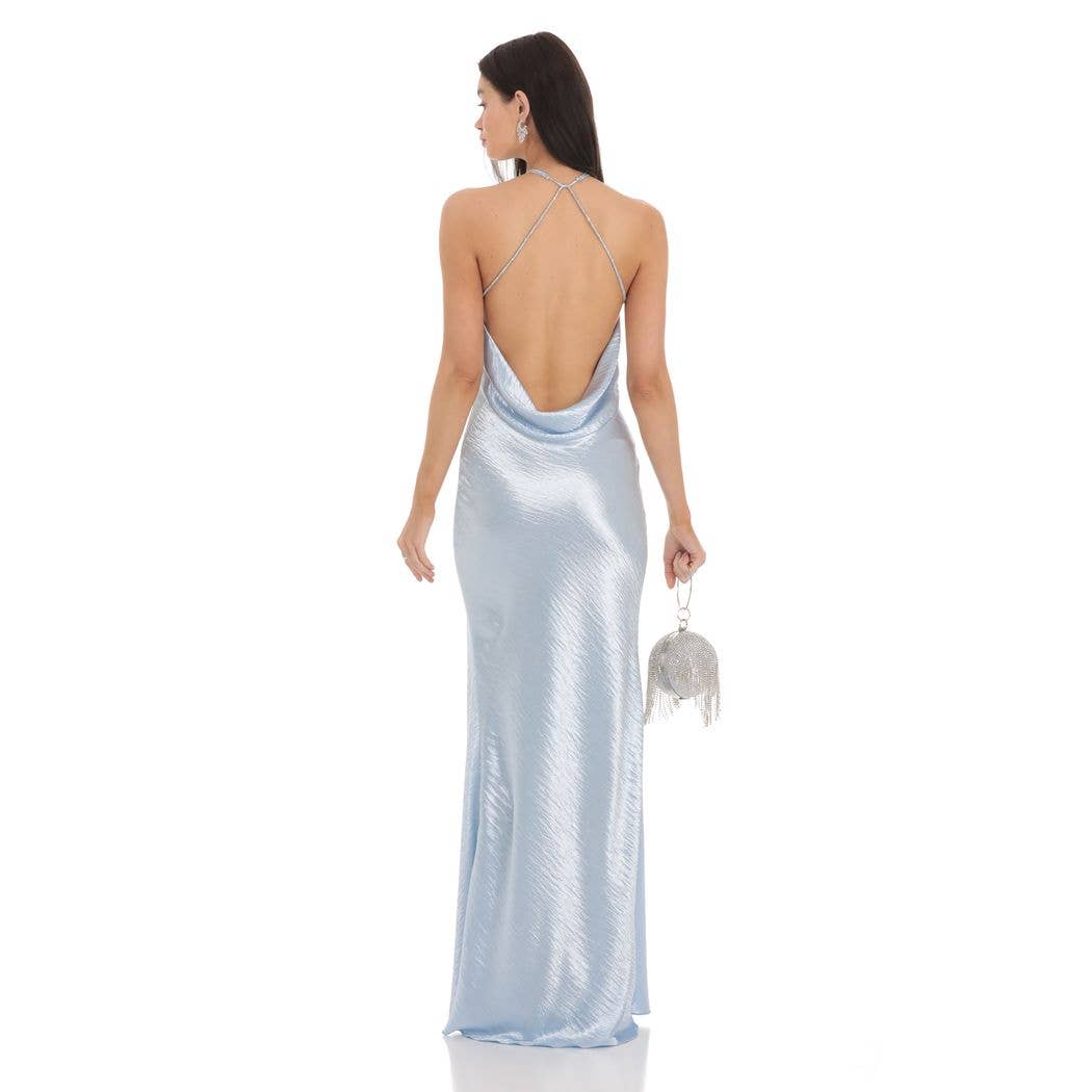 Rhinestone Satin Open Back Maxi Dress in Blue Giana Rose Couture Rhinestone Satin Open Back Maxi Dress in Blue Giana Rose Couture