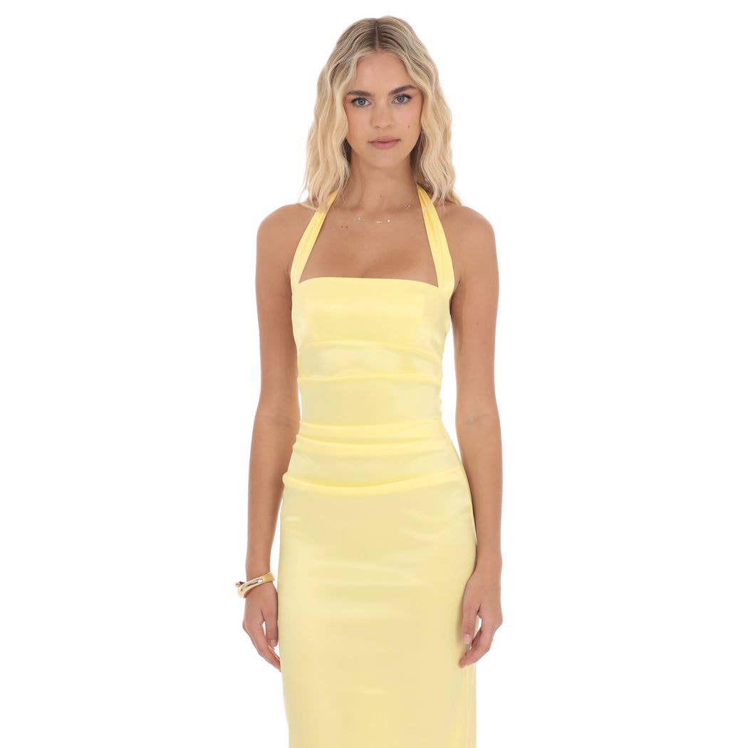 Satin Halter Maxi Dress in Yellow