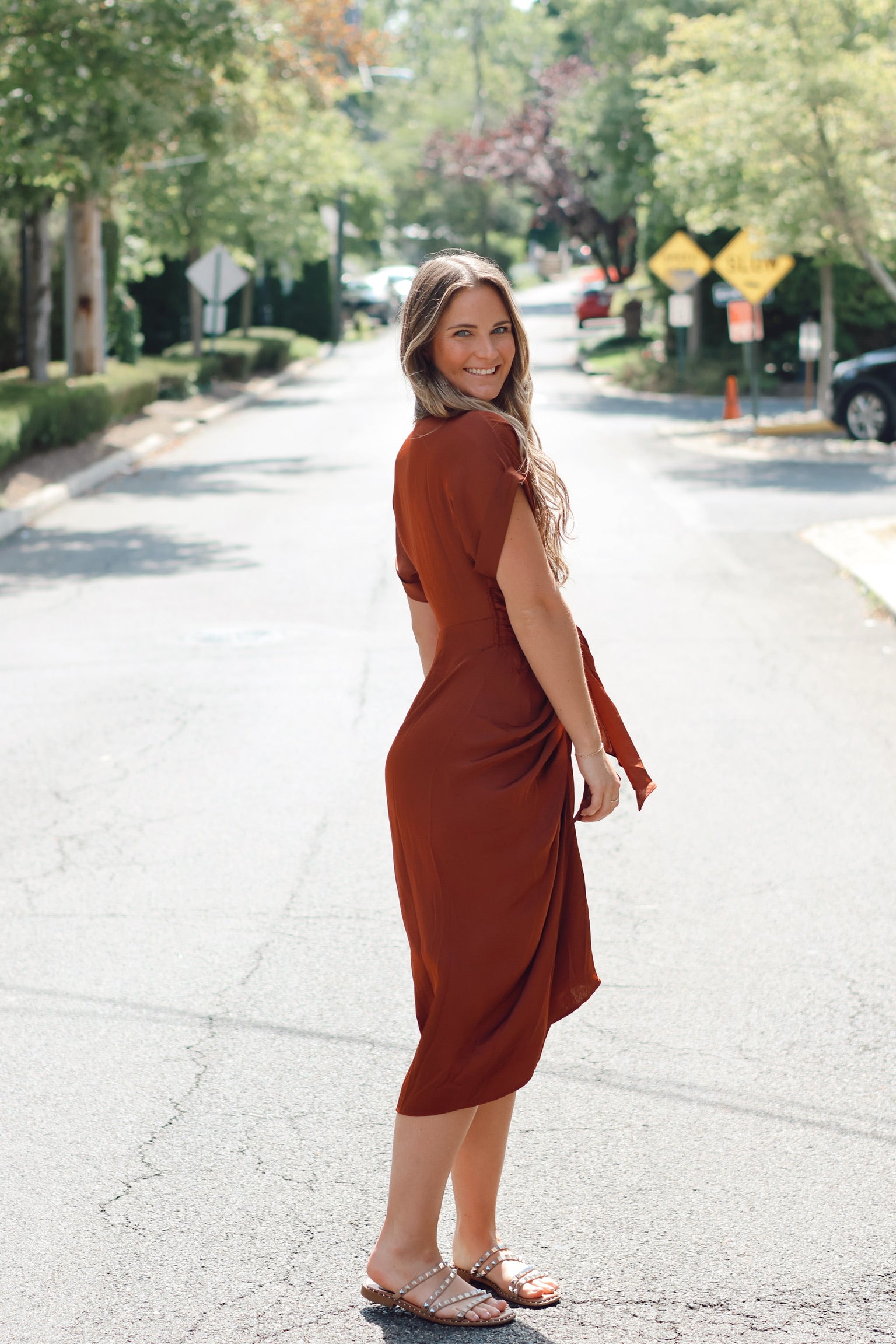 cinnamon midi dress Women's Cinnamon Drop Waist Off-Shoulder Mesh Midi Dress XS/XS/S/M/L/XL/Customize Brown MEAN BLVD Brown / Customize