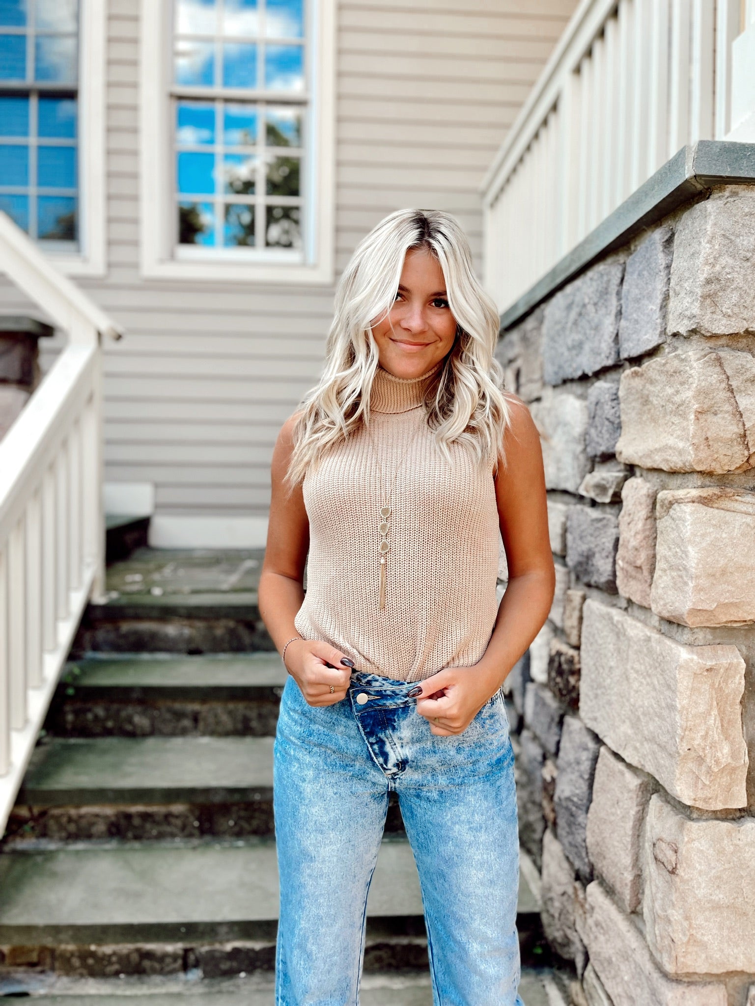 Beige Turtle Neck Knit Top