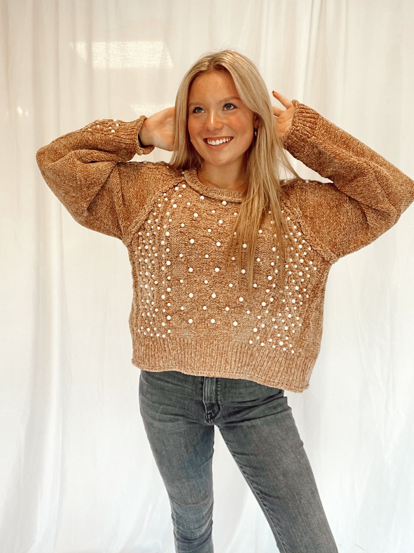 Pearl Detailed Knit Sweater Caramel