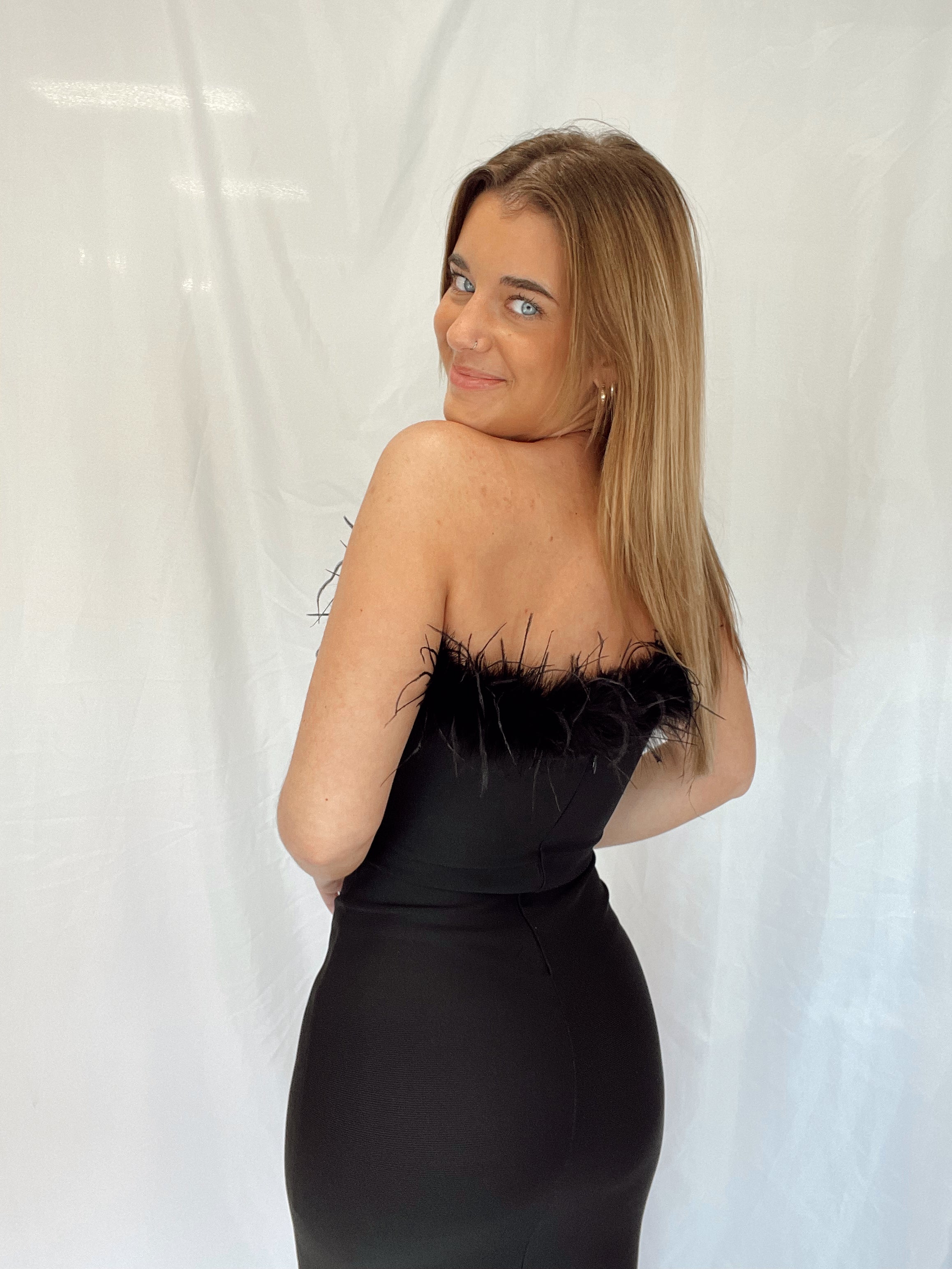 Strapless Feather Midi Dress Black