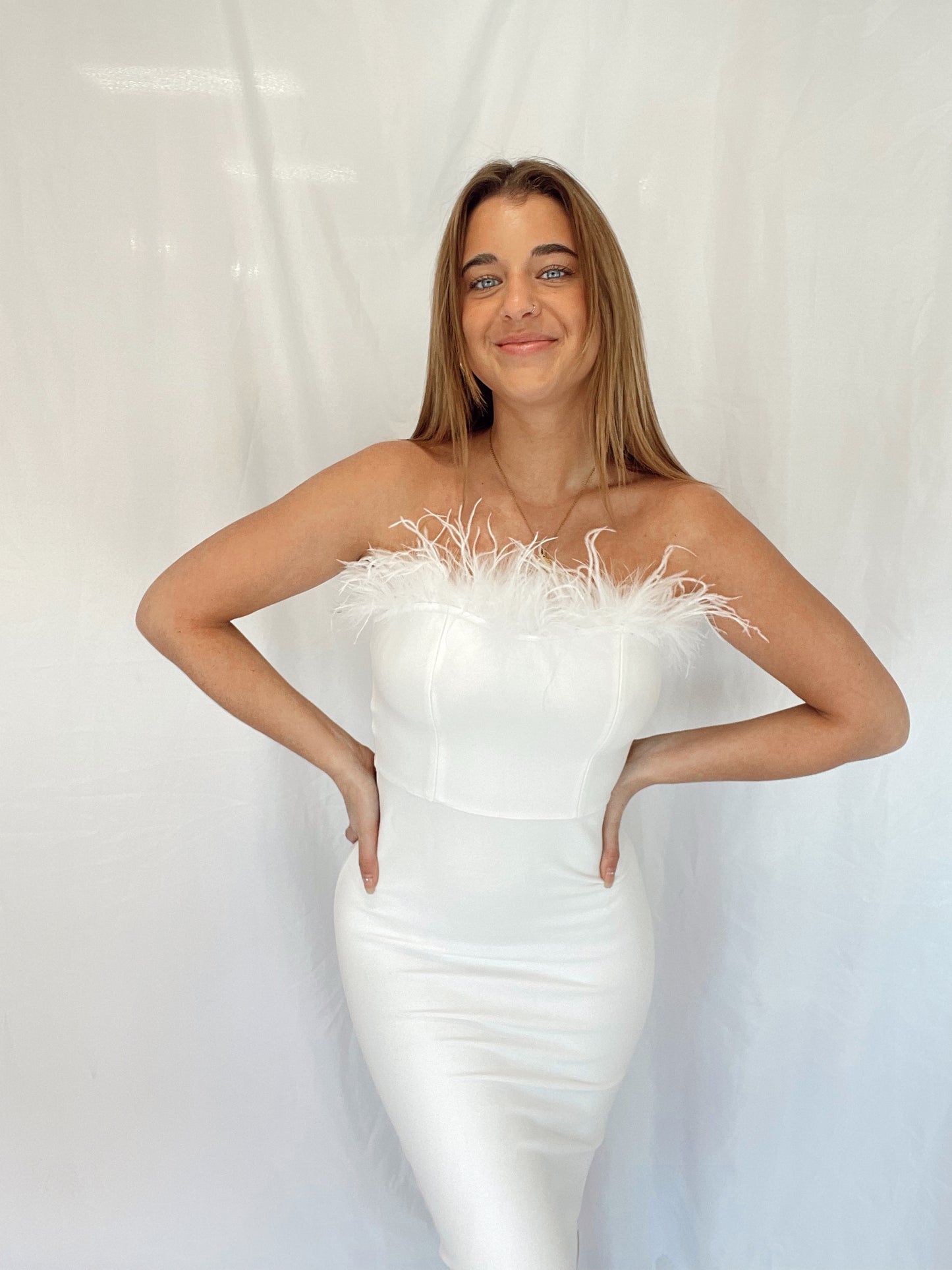Strapless Feather Midi Dress White
