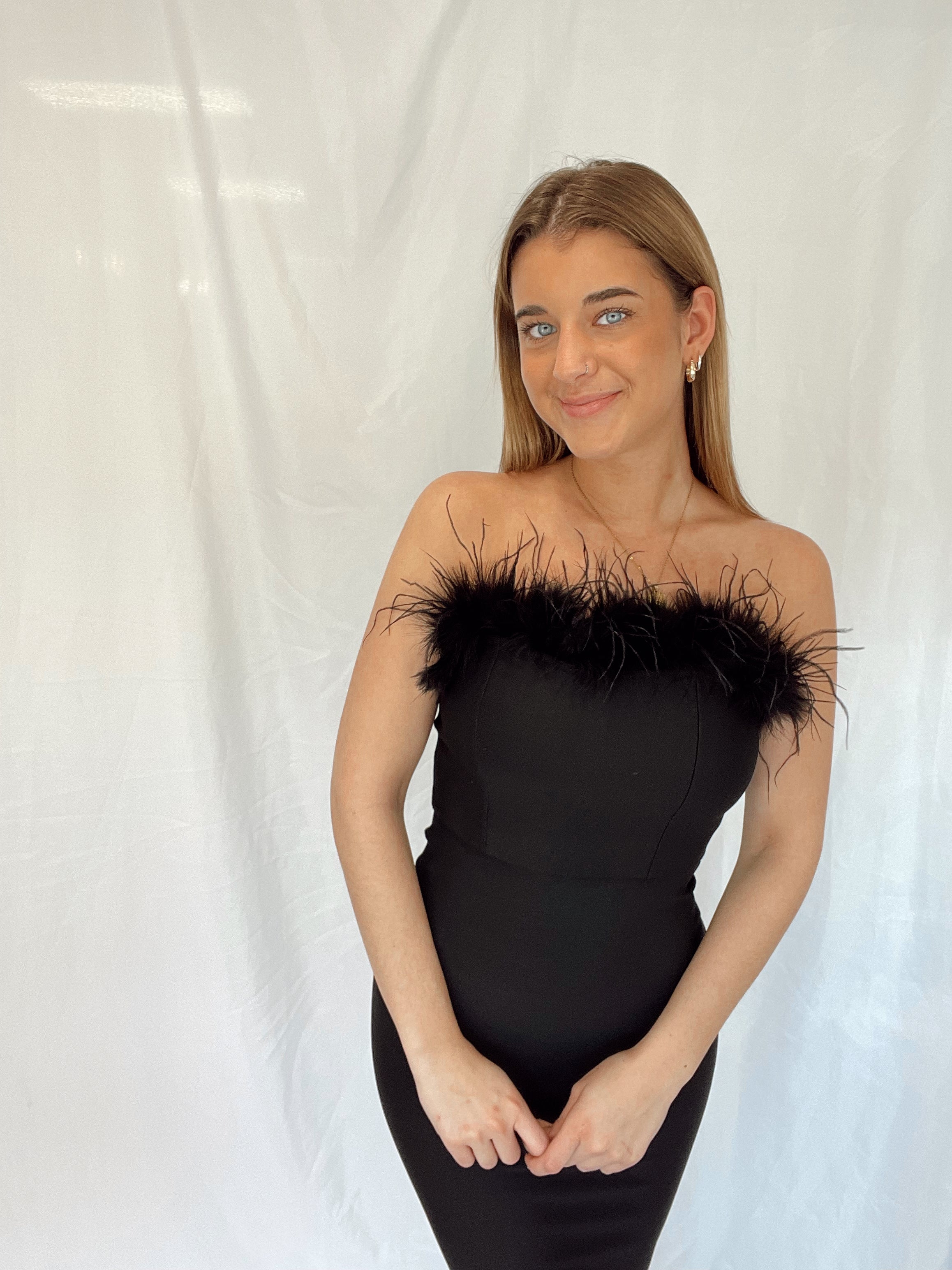 Strapless Feather Midi Dress Black XS Strapless Feather Midi Dress Black XS