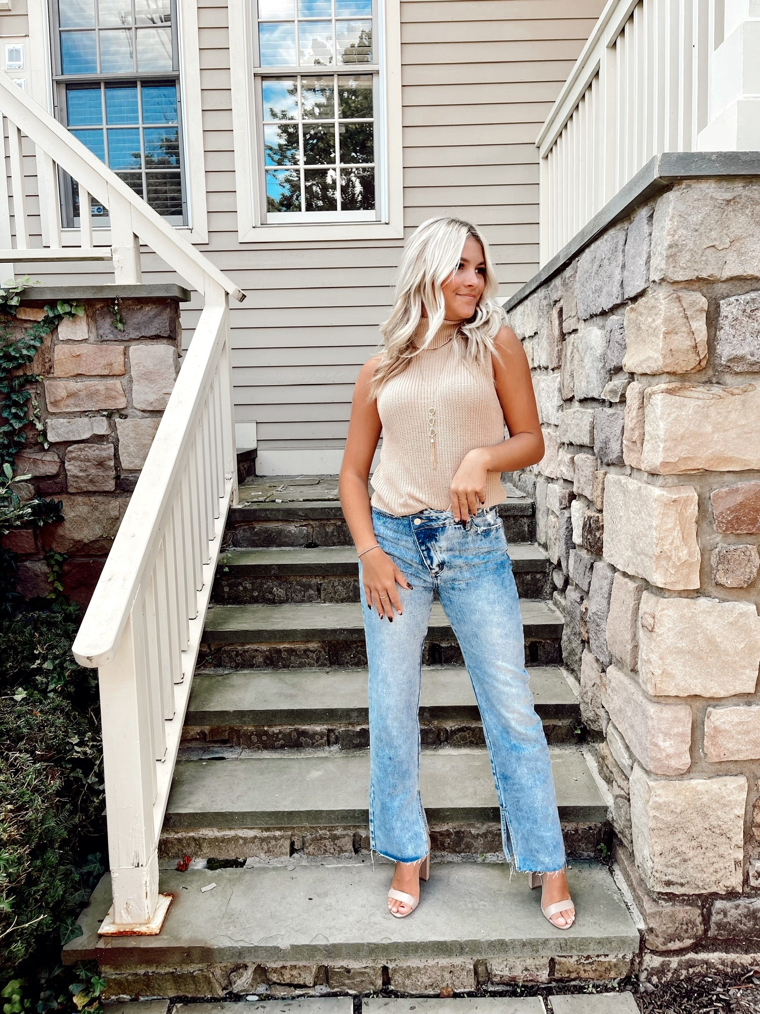 Beige Turtle Neck Knit Top