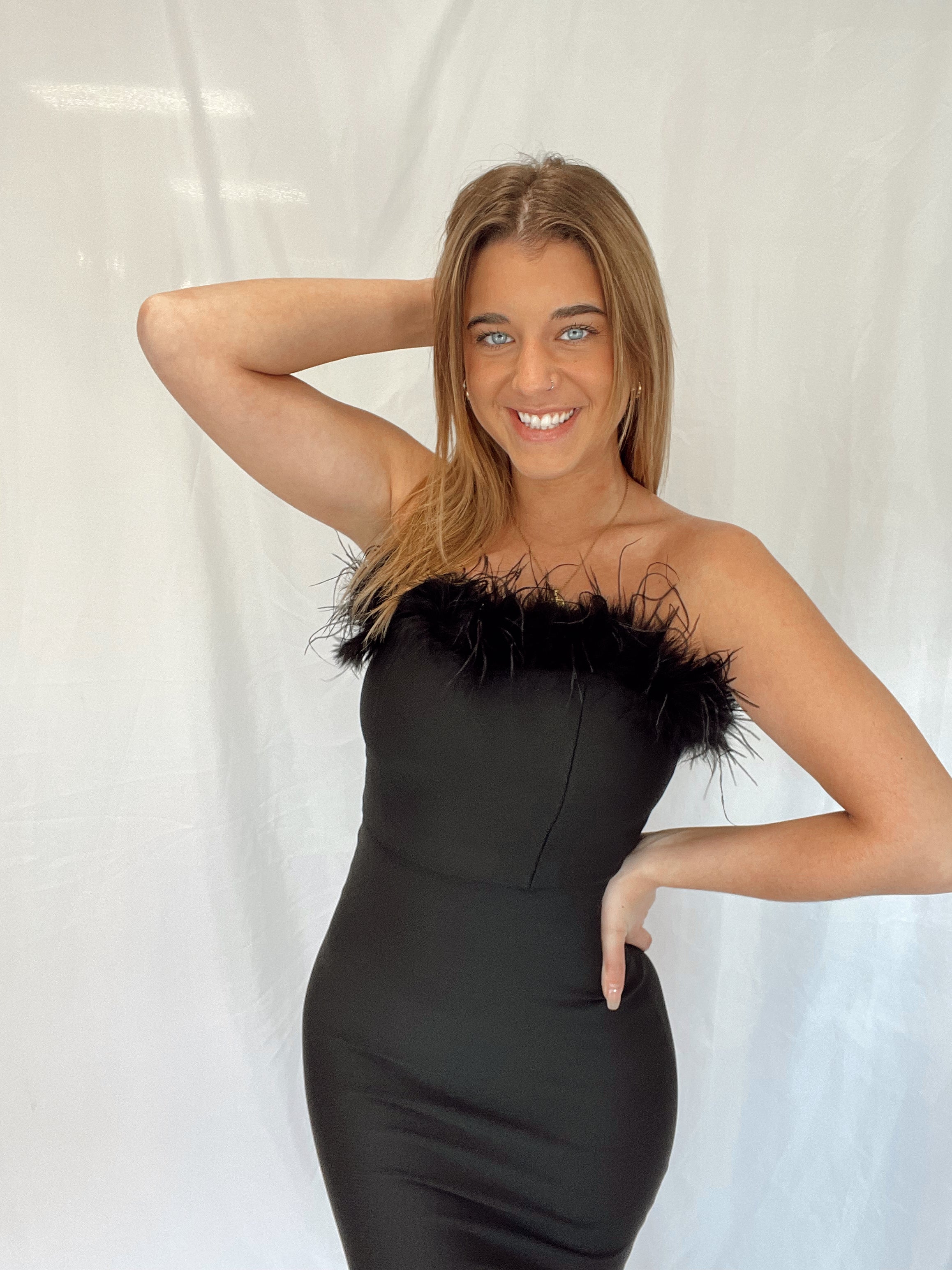 Strapless Feather Midi Dress Black