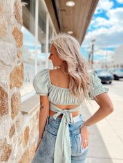 Bubble Crepe Crop Sage