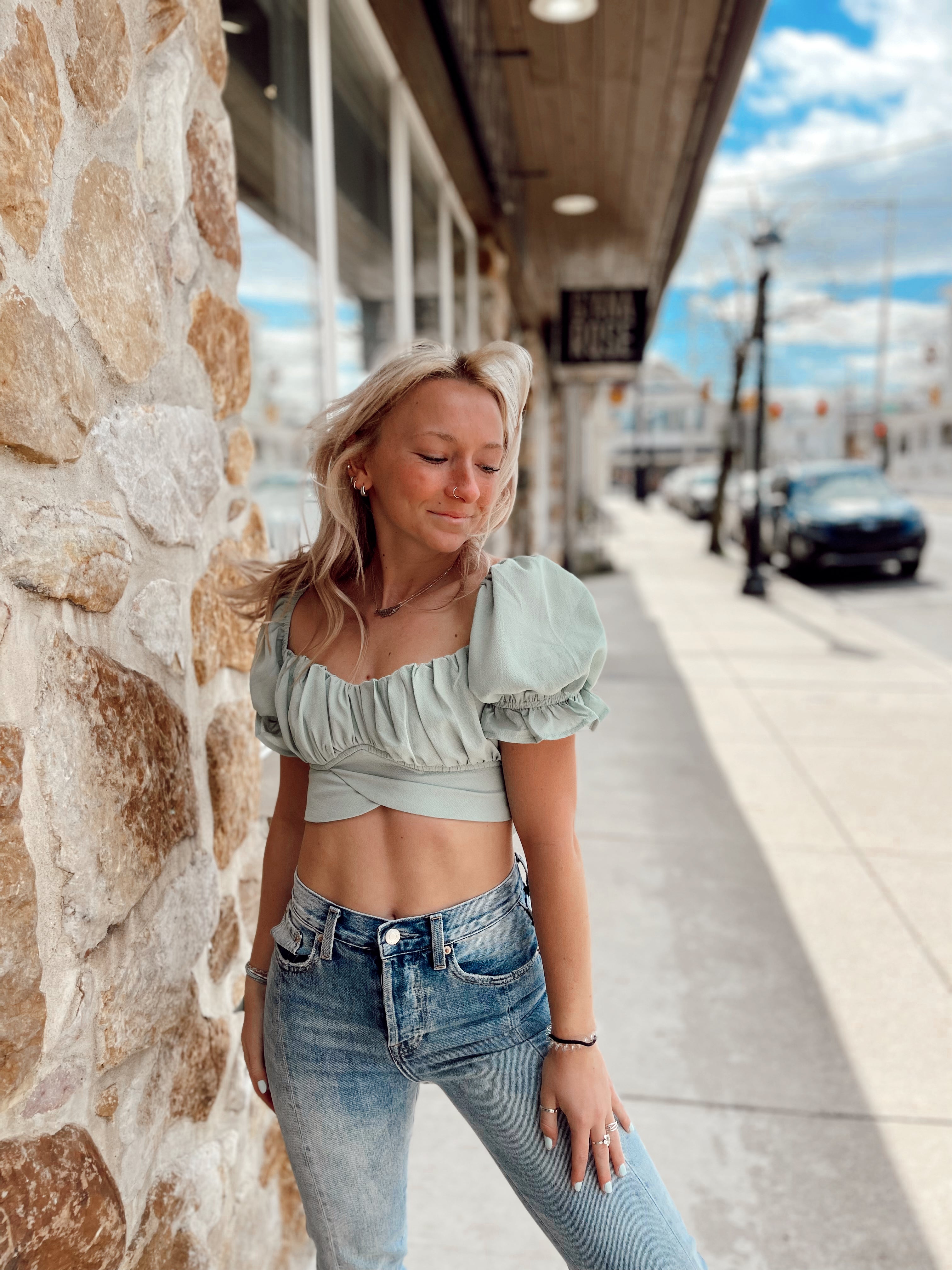 Bubble Crepe Crop Sage